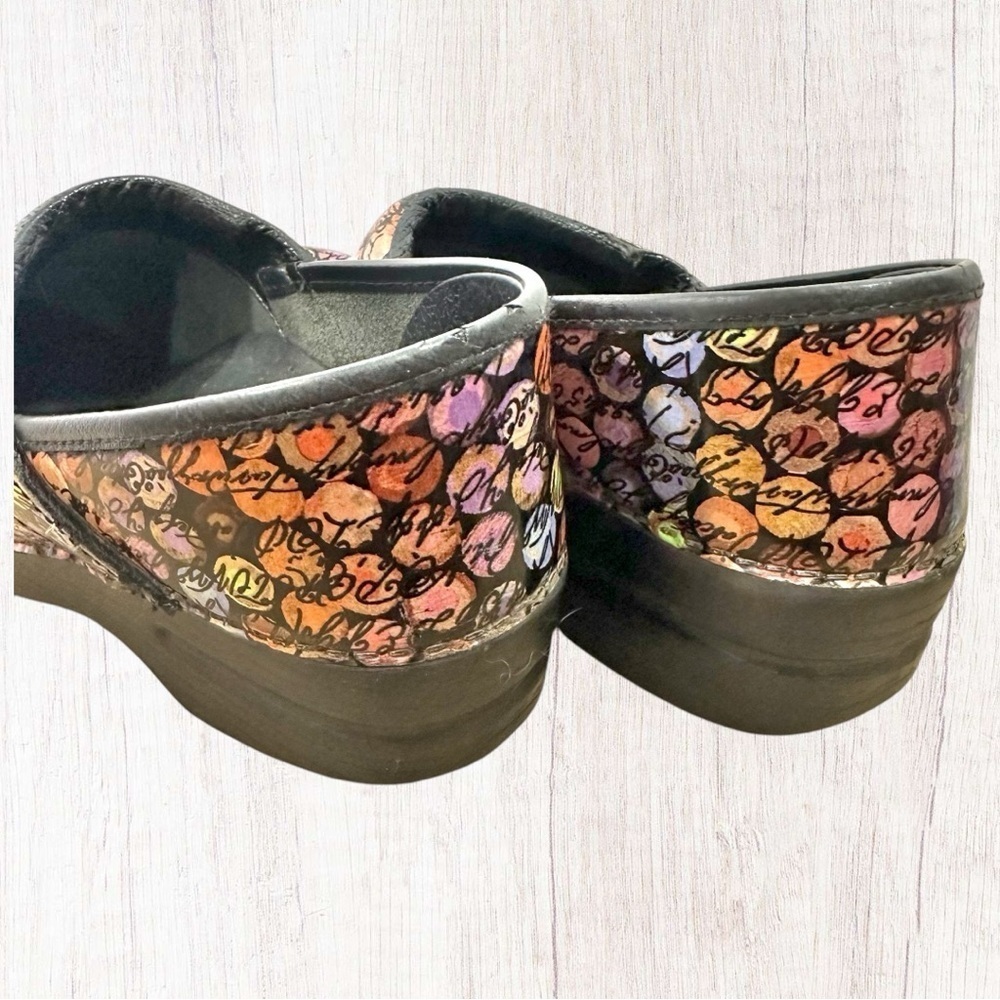 Dansko- Multi Color Dot w/ Script Printed Stapled Leather Classic Clog- Size 39 - Picture 6 of 10